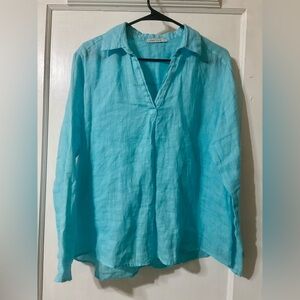Luna Luz 100% Linen Turquoise Blue V Neck Shirt in size Small.
